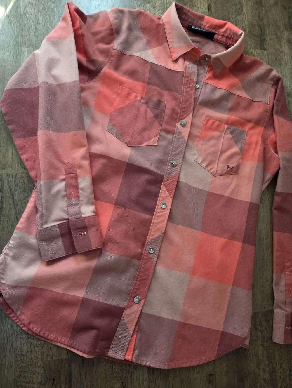 Under Armour Fitted Coral-Red-Pink Plaid Button-Down Shirt